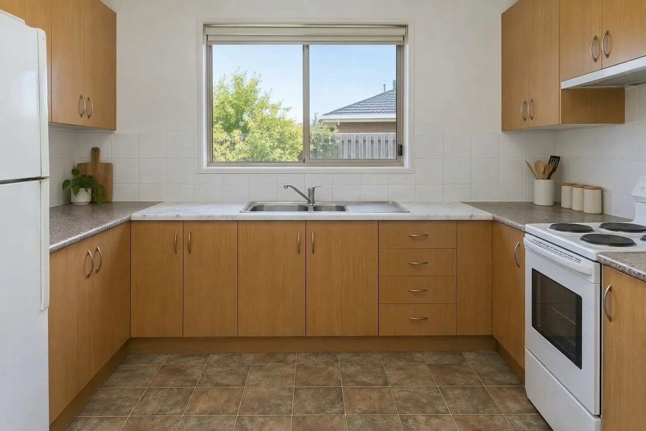 Nano Banana 2.1 kitchen edit: white marble along the back countertop