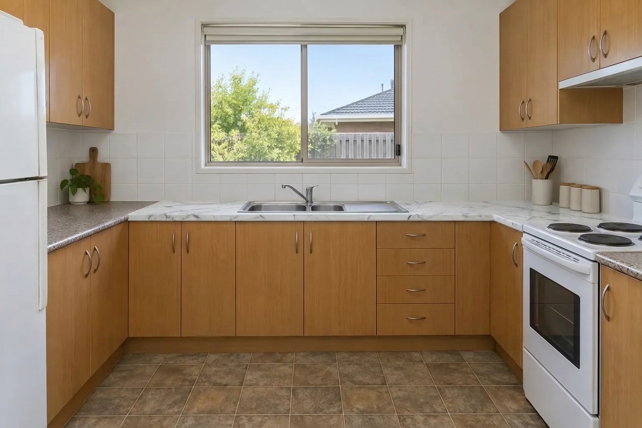 Nano Banana Pro kitchen edit: white marble extends onto the right-hand countertop