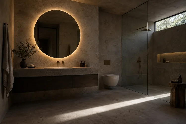 A bathroom in large-format limestone with a backlit round mirror and brass tapware