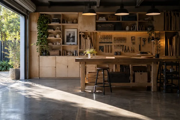 A double garage converted to a workshop, plywood joinery and a tool wall, daylight across polished concrete