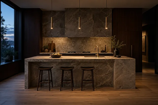 A kitchen with dark walnut cabinetry, a stone island and splashback, and three lit pendants