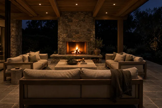 A covered outdoor living room at dusk with a lit stone fireplace and warm downlights in a slatted timber ceiling