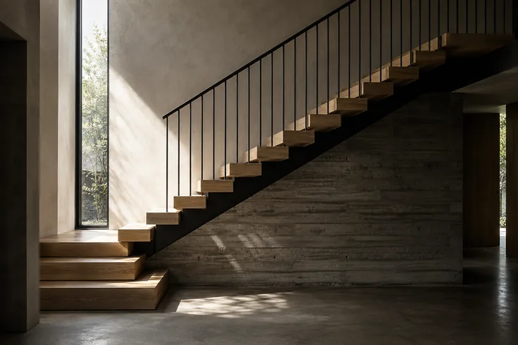 A cantilevered oak stair on a black steel stringer rising through a double-height void
